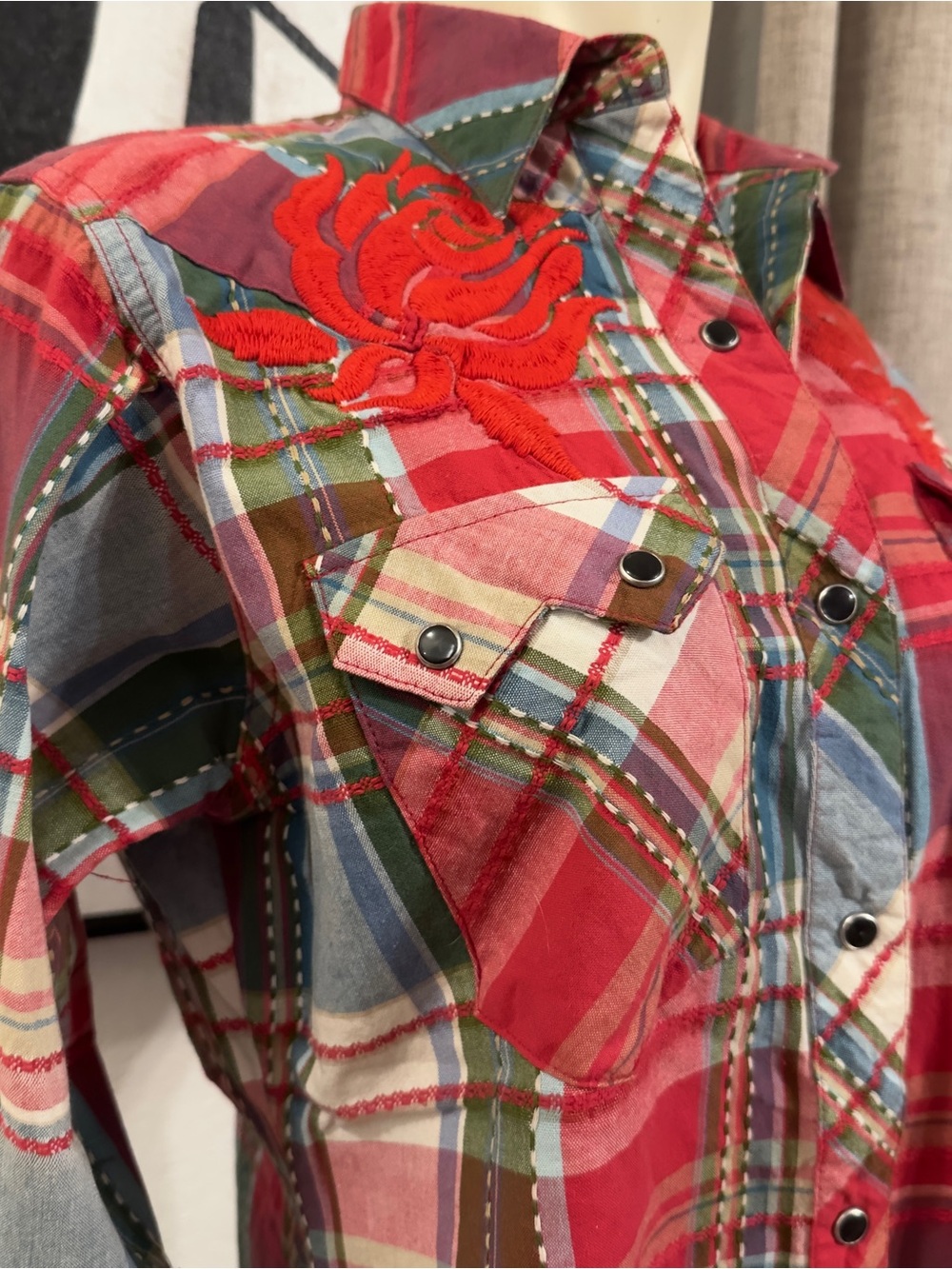 Western Denim Bank Plaid Button-Up Shirt With Beautiful Embroidery Sz L